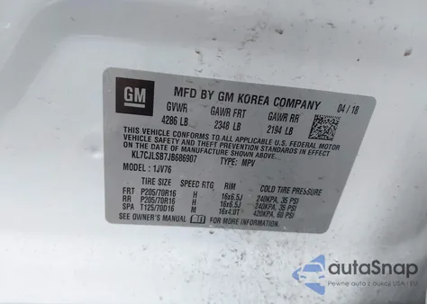 2018 Chevrolet Trax Lt z USA, uszkodzony, nr VIN KL7CJLSB7JB686907